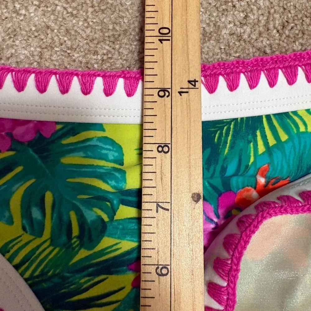 Betsey Johnson Womens M/L Bikini Set Green Pink Tropical Floral Embroidered Swim